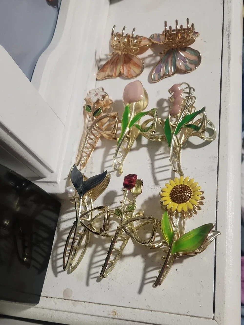 8 Gold Floral and Butterfly Hair Clip Set with Pink, Green, Yellow Accents